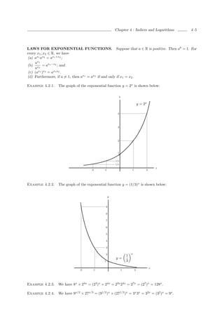 Chapter 4 : Indices and Logarithms         4–5




LAWS FOR EXPONENTIAL FUNCTIONS. Suppose that a ∈ R is positive. Then a0 = 1. For
every x1 , x2 ∈ R, we have
 (a) ax1 ax2 = ax1 +x2 ;
     ax1
(b) x2 = ax1 −x2 ; and
     a
 (c) (ax1 )x2 = ax1 x2 .
(d) Furthermore, if a = 1, then ax1 = ax2 if and only if x1 = x2 .

Example 4.2.1.   The graph of the exponential function y = 2x is shown below:

                                                             y

                                                                                 y = 2x

                                                         4




                                                         3




                                                         2



                                                         1

                                                       1/2
                                                       1/4
                                                                                              x
                                     -2       -1                         1            2




Example 4.2.2.   The graph of the exponential function y = (1/3)x is shown below:


                                                   y


                                               9

                                               8

                                               7

                                               6

                                               5

                                               4

                                               3

                                               2                         x
                                                                     1
                                                       y=
                                              1                      3
                                                                                          x
                              -2      -1                         1           2




Example 4.2.3.   We have 8x × 24x = (23 )x × 24x = 23x 24x = 27x = (27 )x = 128x .

Example 4.2.4.   We have 9x/2 × 27x/3 = (91/2 )x × (271/3 )x = 3x 3x = 32x = (32 )x = 9x .
 