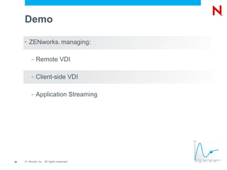 Demo

     •   ZENworks managing:     ®




          –   Remote VDI

          –   Client-side VDI

          –   Application Streaming




20   © Novell, Inc. All rights reserved.
 