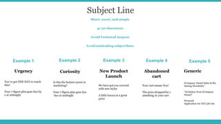 Subject Line
Short, sweet, and simple
41-50 characters
Avoid Technical Jargons
Avoid misleading subject lines
Example 1 Example 2 Example 3 Example 4 Example 5
Urgency
You’ve got ONE DAY to watch
this!
Your 7-figure plan goes bye-by
e at midnight
Curiosity
Is this the hottest career in
marketing?
Your 7-figure plan goes bye
-bye at midnight
New Product
Launch
We have got you covered
with new styles
A little luxuryat a great
price
Abandoned
cart
Your cart misses You!
The price dropped for s
omething in your cart
Generic
[Company Name] Sales & Ma
rketing Newsletter”
“Invitation from [Company
Name]”
Personal:
Application for XYZ job role
 