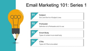 Email Marketing 101: Series 1
01
02
03
04
Subject
Do’s and Don’ts of Subject Lines
Preheader
Definition of a Preheader and it’s use
Email Body
Types of content in an email body
CTAs
Types of CTAs to be added
 
