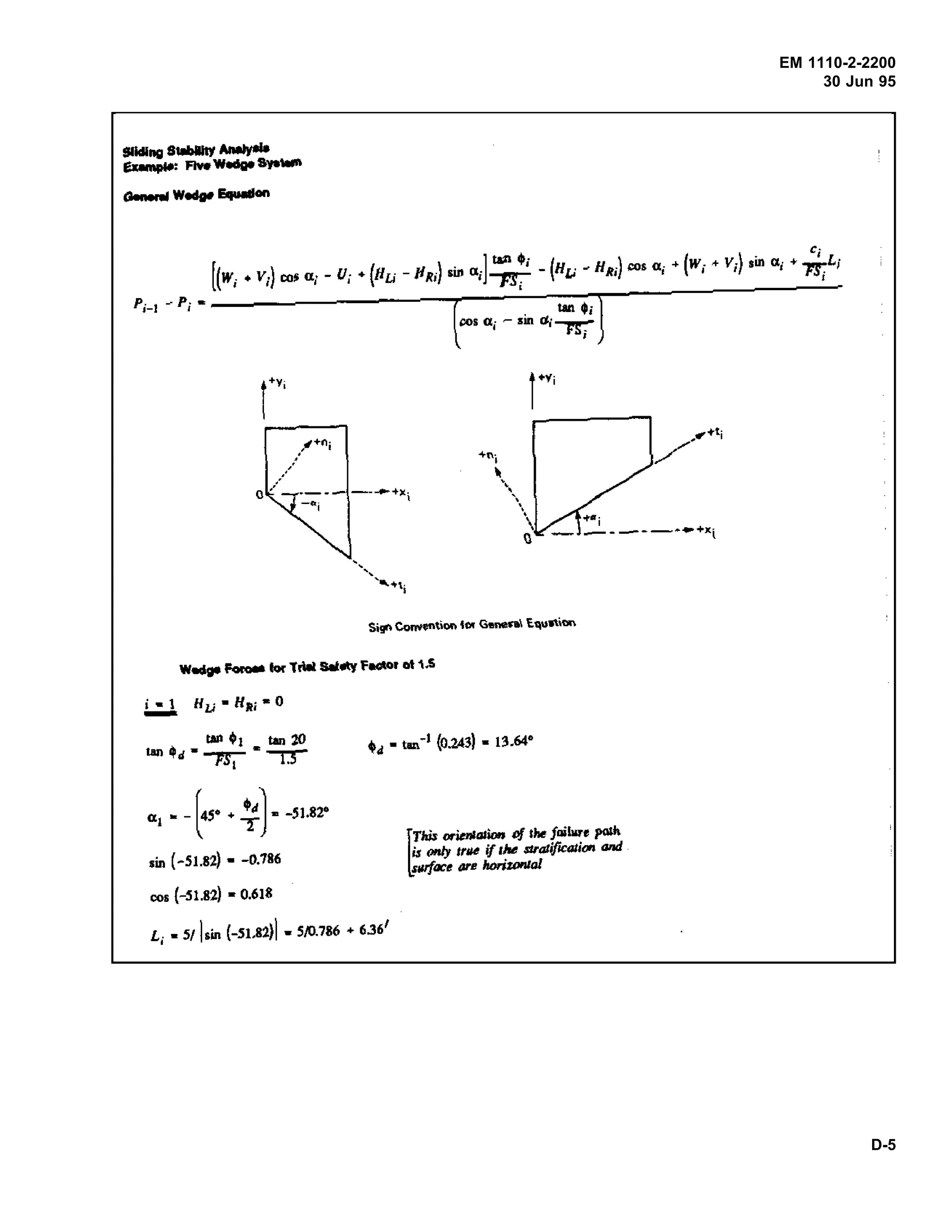 EM 1110-2-2200
30 Jun 95
D-5
Generlll w-....... don
tan +t tan 20
"" ~d • --rs. •"""T.5
••• ..,-I (0.243) • 13.64'
a1 • - (w+ ~J•-51.82'
,., (-51.82) • -0.786
"'' (-51.82) • 0.618
L, • 5tl•m (-51.82)1· 5/0.786 + 636
1
 