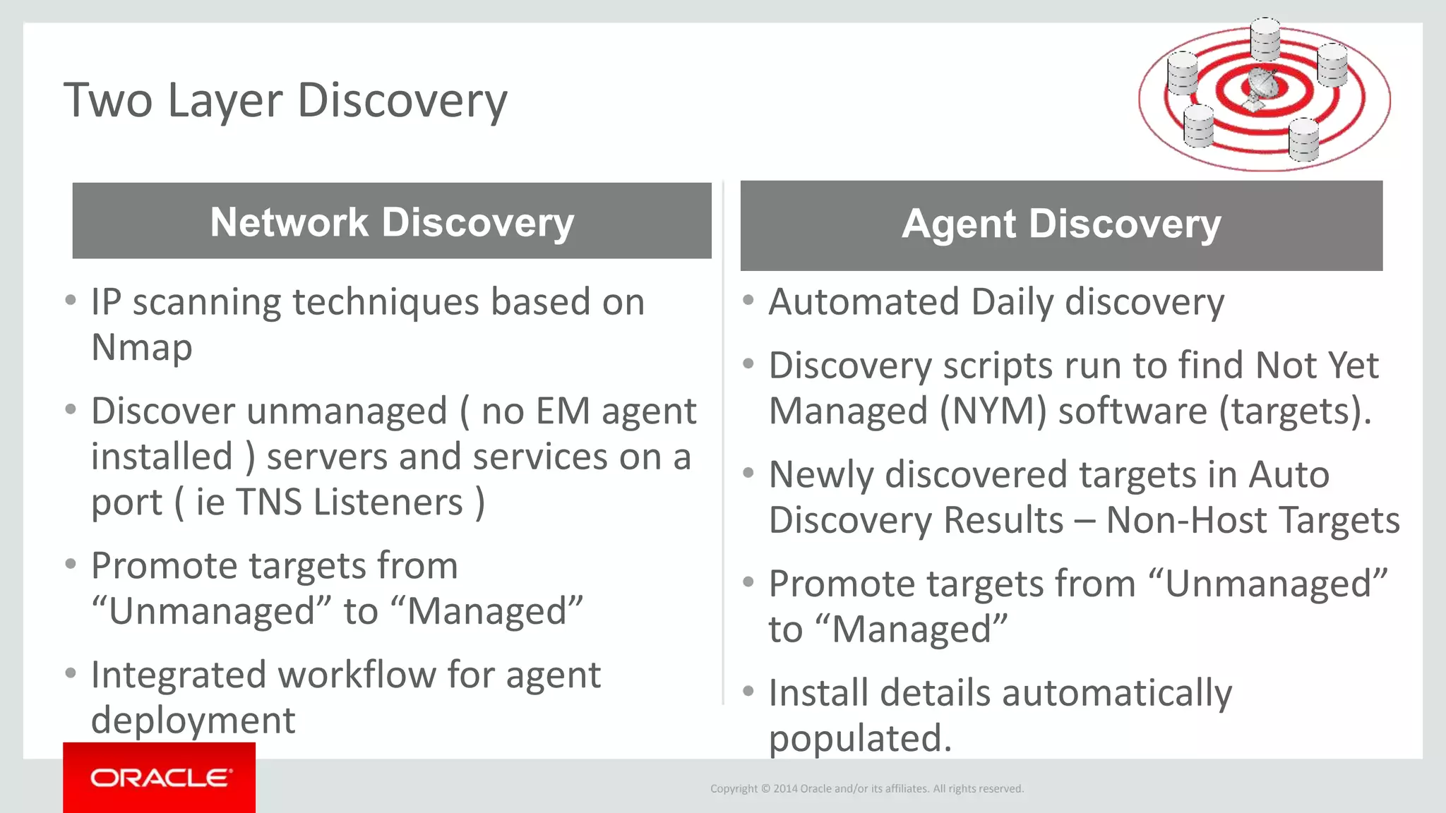 Copyright © 2014 Oracle and/or its affiliates. All rights reserved.
• IP scanning techniques based on
Nmap
• Discover unmanaged ( no EM agent
installed ) servers and services on a
port ( ie TNS Listeners )
• Promote targets from
“Unmanaged” to “Managed”
• Integrated workflow for agent
deployment
Agent Discovery
• Automated Daily discovery
• Discovery scripts run to find Not Yet
Managed (NYM) software (targets).
• Newly discovered targets in Auto
Discovery Results – Non-Host Targets
• Promote targets from “Unmanaged”
to “Managed”
• Install details automatically
populated.
Network Discovery
Two Layer Discovery
 