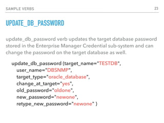 SAMPLE VERBS
UPDATE_DB_PASSWORD
update_db_password verb updates the target database password
stored in the Enterprise Manager Credential sub-system and can
change the password on the target database as well.
update_db_password (target_name="TESTDB", 
user_name="DBSNMP", 
target_type="oracle_database", 
change_at_target="yes", 
old_password="oldone", 
new_password="newone", 
retype_new_password="newone" )
23
 
