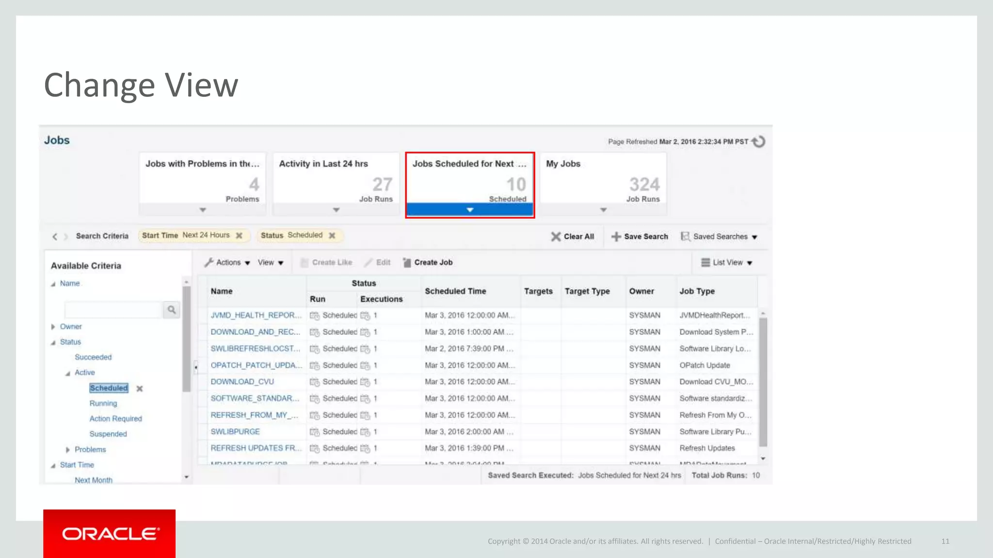 Copyright © 2014 Oracle and/or its affiliates. All rights reserved. |
Change View
Confidential – Oracle Internal/Restricted/Highly Restricted 11
 
