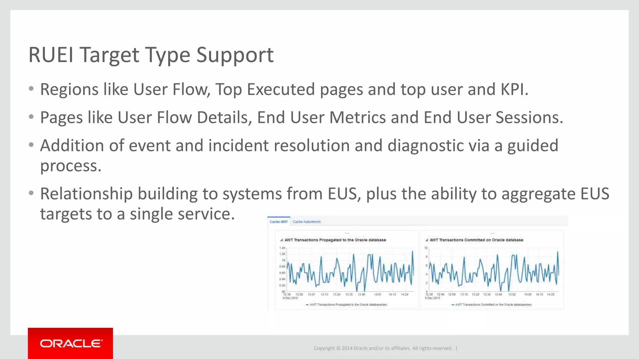 Copyright © 2014 Oracle and/or its affiliates. All rights reserved. |
RUEI Target Type Support
• Regions like User Flow, Top Executed pages and top user and KPI.
• Pages like User Flow Details, End User Metrics and End User Sessions.
• Addition of event and incident resolution and diagnostic via a guided
process.
• Relationship building to systems from EUS, plus the ability to aggregate EUS
targets to a single service.
 