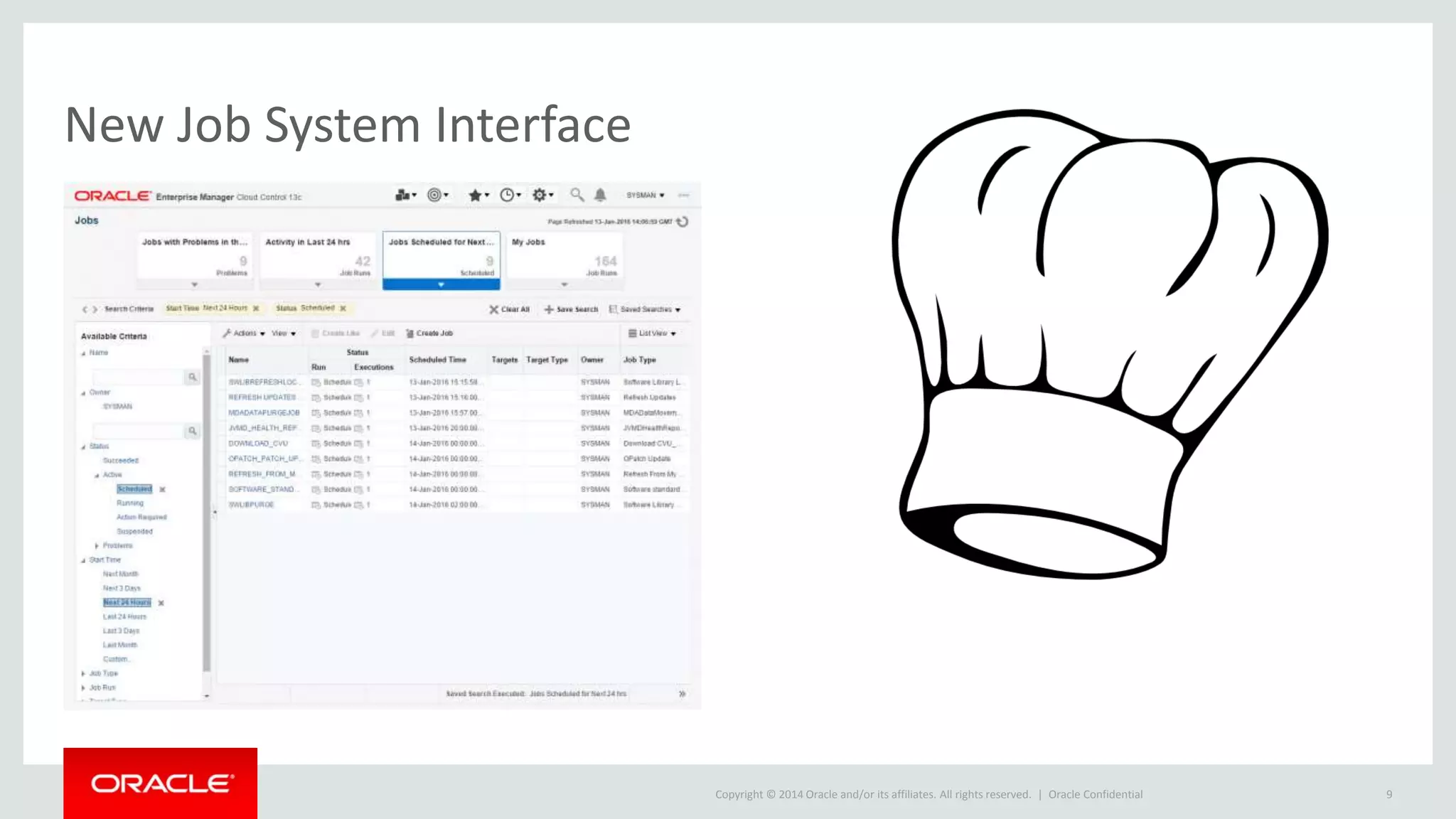 Copyright © 2014 Oracle and/or its affiliates. All rights reserved. |
New Job System Interface
Oracle Confidential 9
 