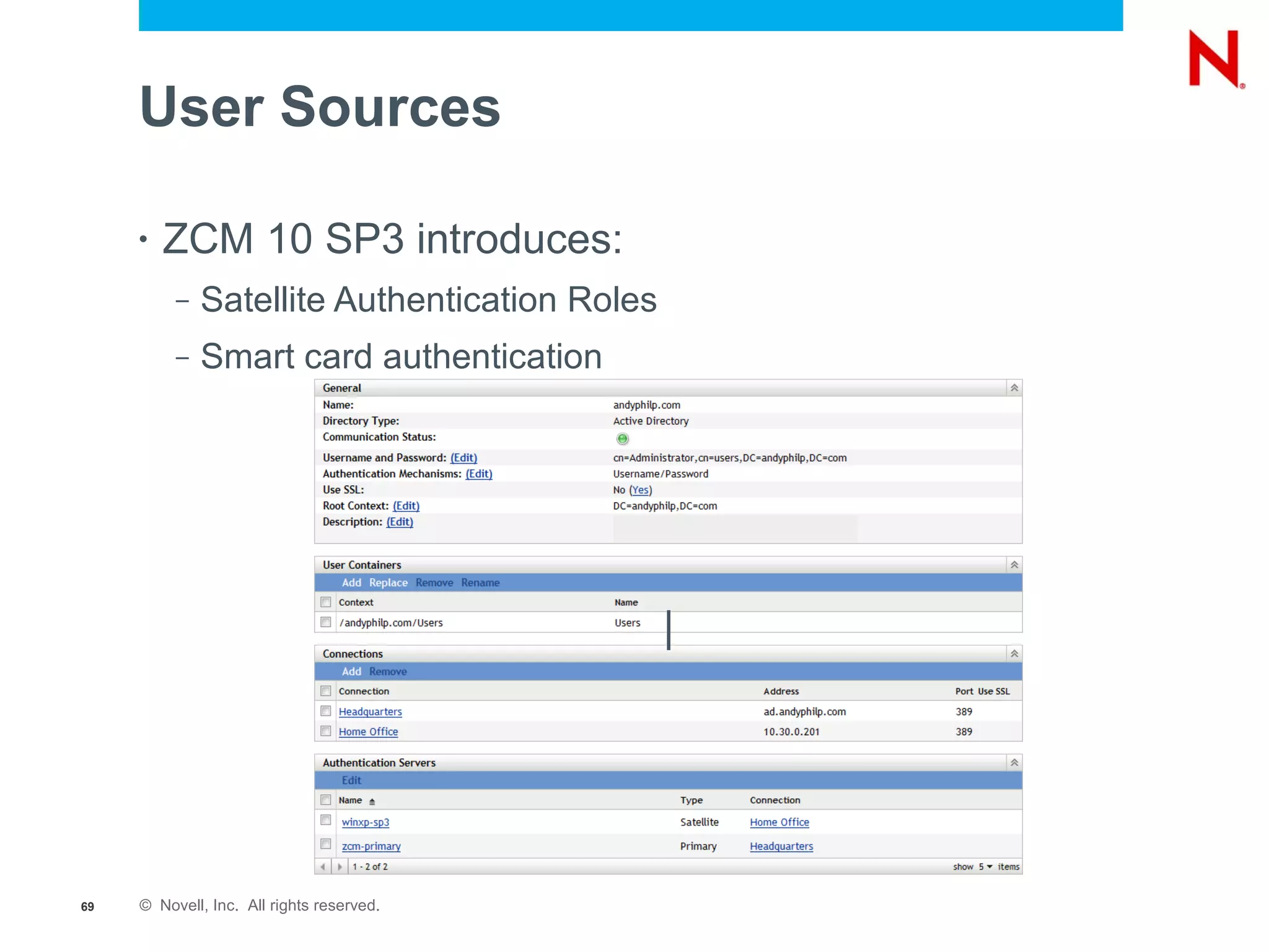 User Sources

     •   ZCM 10 SP3 introduces:
          –   Satellite Authentication Roles
          –   Smart card authentication




                                               |




69   © Novell, Inc. All rights reserved.
 