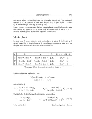 Electromagnetismo 185
dos partes sufren efectos diferentes. Los resultados que siguen (restringidos al
caso µ1 = µ2) se expresan en base a los ángulos θ1 y θ2 (ver figura 7.7), pero
θ2 se puede despejar de la ley de Snell (7.5.6).
Puesto que para una gran cantidad de materias la permeabilidad magnética es
muy cercana a la del vacı́o, µ0, en lo que sigue se supondrá que en efecto, µ = µ0.
De otro modo surgirı́an expresiones algo más complicadas.
7.5.4.1. Caso p
En este caso el campo eléctrico está contenido en el plano de incidencia y el
campo magnético es perpendicular a él. La tabla que se debe usar para tener los
campos antes de imponer las condiciones de borde es:
a ^
ka ^
pa
~
Ea
~
Ba = (na/c) ^
k × ~
Ea
1 ^
n cos θ1 +^
ı sin θ1 −^
ı cos θ1 + ^
n sin θ1 ^
p1 E1 −(n1/c) ^
s E1
1’ −^
n cos θ1 +^
ı sin θ1 ^
ı cos θ1 + ^
n sin θ1 ^
p′
1 E′
1 −(n1/c) ^
s E′
1
2 ^
n cos θ2 +^
ı sin θ2 −^
ı cos θ2 + ^
n sin θ2 ^
p2 E2 −(n2/c) ^
s E2
Vectores que definen la refracción y reflexión en el caso p.
Las condiciones de borde ahora son
(−E1 + E′
1) cos θ1 = −E2 cos θ2
n1 (E1 + E′
1) = n2 E2
que conducen a
E′
1 =
n2 cos θ1 − n1 cos θ2
n2 cos θ1 + n1 cos θ2
E1 E2 =
2n1 cos θ1
n2 cos θ1 + n1 cos θ2
E1 (7.5.15)
Usando la ley de Snell se puede eliminar n2 obteniéndose
E′
1 =
tan (θ1 − θ2)
tan (θ1 + θ2)
E1 E2 =
2 cos θ1 sin θ2
sin(θ1 + θ2) cos (θ1 − θ2)
E1 (7.5.16)
Universidad de Chile Escuela de Ingenierı́a y Ciencias
 