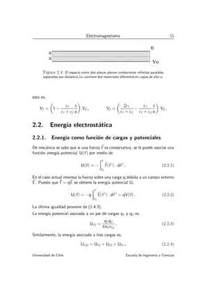 Electromagnetismo 55
000000000000000000000000000000000000000
000000000000000000000000000000000000000
000000000000000000000000000000000000000
000000000000000000000000000000000000000
000000000000000000000000000000000000000
111111111111111111111111111111111111111
111111111111111111111111111111111111111
111111111111111111111111111111111111111
111111111111111111111111111111111111111
111111111111111111111111111111111111111
000000000000000000000000000000000000000
000000000000000000000000000000000000000
000000000000000000000000000000000000000
000000000000000000000000000000000000000
111111111111111111111111111111111111111
111111111111111111111111111111111111111
111111111111111111111111111111111111111
111111111111111111111111111111111111111
0
Vo
.
.
.
a
a
.
Figura 2.4: El espacio entre dos placas planas conductoras infinitas paralelas
separadas por distancia 2a contiene dos materiales diferentes en capas de alto a.
esto es,
V1 =

1 −
ε2
ε1 + ε2
z
a

V0 , V2 =

2ε1
ε1 + ε2
−
ε1
ε1 + ε2
z
a

V0 .
2.2. Energı́a electrostática
2.2.1. Energı́a como función de cargas y potenciales
De mecánica se sabe que si una fuerza ~
F es conservativa, se le puede asociar una
función energı́a potencial, U(~
r) por medio de
U(~
r) = −
Z~
r
~
r0
~
F(~
r ′
) · d~
r ′
. (2.2.1)
En el caso actual interesa la fuerza sobre una carga q debida a un campo externo
~
E : Puesto que ~
F = q~
E se obtiene la energı́a potencial U,
U(~
r) = −q
Z~
r
~
r0
~
E(~
r ′
) · d~
r ′
= qV(~
r) . (2.2.2)
La última igualdad proviene de (1.4.3).
La energı́a potencial asociada a un par de cargas q1 y q2 es,
U12 =
q1q2
4πεr12
. (2.2.3)
Similarmente, la energı́a asociada a tres cargas es,
U123 = U12 + U23 + U31 , (2.2.4)
Universidad de Chile Escuela de Ingenierı́a y Ciencias
 