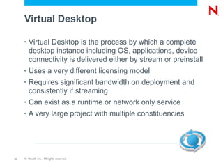 Virtual Desktop

     •   Virtual Desktop is the process by which a complete
         desktop instance including OS, applications, device
         connectivity is delivered either by stream or preinstall
     •   Uses a very different licensing model
     •   Requires significant bandwidth on deployment and
         consistently if streaming
     •   Can exist as a runtime or network only service
     •   A very large project with multiple constituencies




12   © Novell, Inc. All rights reserved.
 
