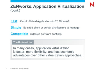 ZENworks Application Virtualization   ®


    (cont.)


    Fast Zero to Virtual Applications in 20 Minutes!
    Simple No extra client or server architecture to manage
    Compatible Sidestep software conflicts

         The Bottom Line

         In many cases, application virtualization
         is faster, more flexibility, and has economic
         advantages over other virtualization approaches.


9   © Novell, Inc. All rights reserved.
 