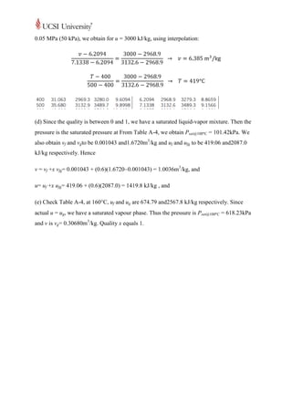 0.05 MPa (50 kPa), we obtain for u = 3000 kJ/kg, using interpolation:




(d) Since the quality is between 0 and 1, we have a saturated liquid-vapor mixture. Then the
pressure is the saturated pressure at From Table A-4, we obtain Psat@100 C = 101.42kPa. We
also obtain vf and vgto be 0.001043 and1.6720m3/kg and uf and ufg to be 419.06 and2087.0
kJ/kg respectively. Hence

v = vf +x vfg= 0.001043 + (0.6)(1.6720 0.001043) = 1.0036m3/kg, and

u= uf +x ufg= 419.06 + (0.6)(2087.0) = 1419.8 kJ/kg , and

(e) Check Table A-4, at 160 C, uf and ug are 674.79 and2567.8 kJ/kg respectively. Since
actual u = ug, we have a saturated vapour phase. Thus the pressure is Psat@100 C = 618.23kPa
and v is vg= 0.30680m3/kg. Quality x equals 1.
 