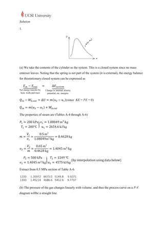 Solution

1.




(a) We take the contents of the cylinder as the system. This is a closed system since no mass
entersor leaves. Noting that the spring is not part of the system (it is external), the energy balance
for thisstationary closed system can be expressed as




The properties of steam are (Tables A-4 through A-6)




Extract from 0.5 MPa section of Table A-6.




(b) The pressure of the gas changes linearly with volume, and thus the process curve on a P-V
diagram willbe a straight line.
 