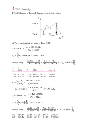 4. The T-sdiagram of thesimple Brayton cycle is shown below.




                          1180 K




                          320 K



(a) The properties of air are given in Table A-17.
 