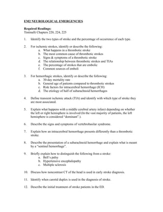 EM2 NEUROLOGICAL EMERGENCIES

Required Readings:
Tintinalli Chapters 220, 224, 225

1.   Identify the two types of stroke and the percentage of occurrence of each type.

2.   For ischemic strokes, identify or describe the following:
           a. What happens in a thrombotic stroke
           b. The most common cause of thrombotic strokes
           c. Signs & symptoms of a thrombotic stroke
           d. The relationship between thrombotic strokes and TIAs
           e. The percentage of strokes that are embolic
           f. Common sources of emboli

3.   For hemorrhagic strokes, identify or describe the following:
           a. 30-day mortality rate
           b. General age of patients compared to thrombotic strokes
           c. Risk factors for intracerebral hemorrhage (ICH)
           d. The etiology of half of subarachnoid hemorrhages

4.   Define transient ischemic attack (TIA) and identify with which type of stroke they
     are most associated.

5.   Explain what happens with a middle cerebral artery infarct depending on whether
     the left or right hemisphere is involved (In the vast majority of patients, the left
     hemisphere is considered “dominant”.).

6.   Describe the signs and symptoms of vertebrobasilar syndrome.

7.   Explain how an intracerebral hemorrhage presents differently than a thrombotic
     stroke.

8.   Describe the presentation of a subarachnoid hemorrhage and explain what is meant
     by a “sentinel hemorrhage”.

9.   Briefly explain how to distinguish the following from a stroke:
           a. Bell’s palsy
           b. Hypertensive encephalopathy
           c. Multiple sclerosis

10. Discuss how noncontrast CT of the head is used in early stroke diagnosis.

11. Identify when carotid duplex is used in the diagnosis of stroke.

12. Describe the initial treatment of stroke patients in the ED.
 