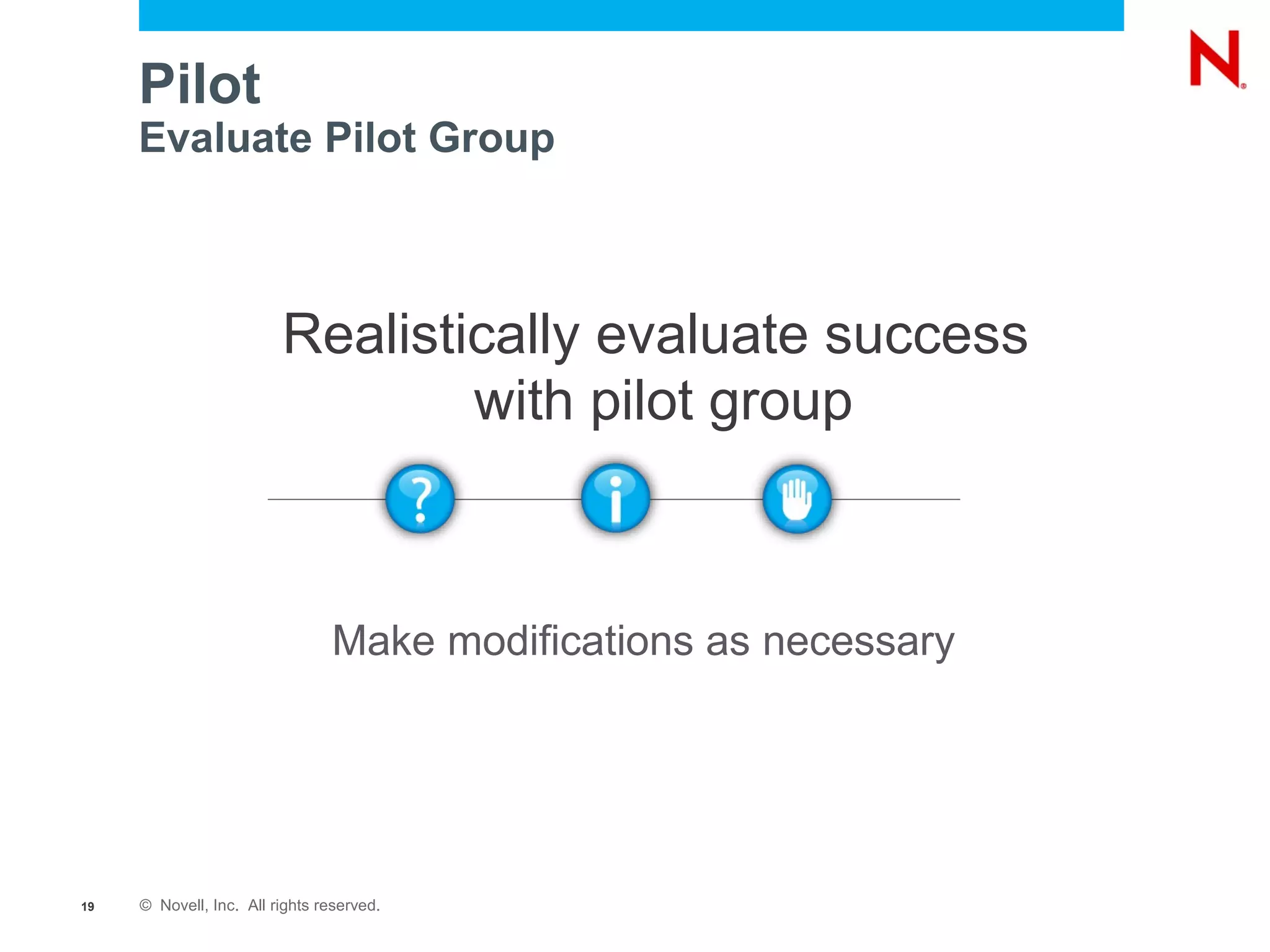 Pilot
     Evaluate Pilot Group



                         Realistically evaluate success
                                 with pilot group



                                Make modifications as necessary




19   © Novell, Inc. All rights reserved.
 