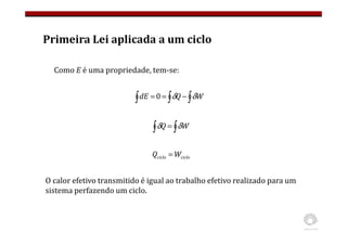 Primeira Lei aplicada a um ciclo
Como E é uma propriedade, tem-se:
∫
∫
∫ −
=
= W
Q
dE δ
δ
0
∫ ∫
= W
Q δ
δ
ciclo
ciclo W
Q =
O calor efetivo transmitido é igual ao trabalho efetivo realizado para um
sistema perfazendo um ciclo.
 