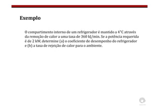 Exemplo
O compartimento interno de um refrigerador é mantido a 4°C através
da remoção de calor a uma taxa de 360 kJ/min. Se a potência requerida
é de 2 kW, determine (a) o coeficiente de desempenho do refrigerador
e (b) a taxa de rejeição de calor para o ambiente.
 