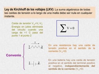 Ley de Kirchhoff de los voltajes (LKV): La suma algebraica de todas
las caídas de tensión a lo largo de una malla debe ser nula en cualquier
instante.

     Caída de tensión V12=V1-V2:
     Energía en julios eliminada
     del circuito cuando una
     carga de +1 C pasa del
                                              ∑      V=0

     punto 1 al punto 2

                        I
                   1                En una resistencia hay una caída de
                                2
                                    tensión positiva en el sentido de la
                                    corriente (V12>0)
 Convenio
                                    En una batería hay una caída de tensión
                   1        2       positiva en el sentido del terminal positivo
                                    al negativo, independientemente del
                                    sentido de la corriente (V12>0)
 