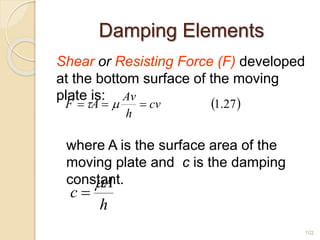 Damping Elements
Shear or Resisting Force (F) developed
at the bottom surface of the moving
plate is:
where A is the surface area of the
moving plate and c is the damping
constant.
 
27
.
1
cv
h
Av
A
F 

 

h
A
c


102
 