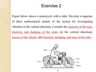 Exercise 2
121
Figure below shows a motorcycle with a rider. Develop a sequence
of three mathematical models of the system for investigating
vibration in the vertical direction. Consider the elasticity of the tires,
elasticity and damping of the struts (in the vertical direction),
masses of the wheels, and elasticity, damping, and mass of the rider.
 