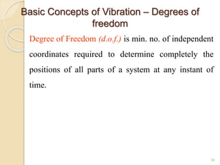 Basic Concepts of Vibration – Degrees of
freedom
Degree of Freedom (d.o.f.) is min. no. of independent
coordinates required to determine completely the
positions of all parts of a system at any instant of
time.
34
 