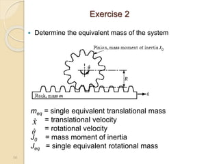  Determine the equivalent mass of the system
56
meq = single equivalent translational mass
= translational velocity
= rotational velocity
J0 = mass moment of inertia
Jeq = single equivalent rotational mass
x


Exercise 2
 