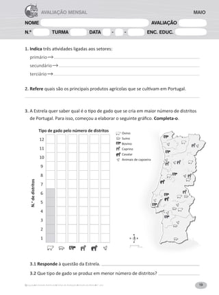 19
A Grande Aventura Fichas de Avaliação Estudo do Meio 4.° ano
NOME AVALIAÇÃO
N.º TURMA DATA - - ENC. EDUC.
AVALIAÇÃO MENSAL MAIO
1. IndicaƚƌġƐĂƟǀŝĚĂĚĞƐůŝŐĂĚĂƐĂŽƐƐĞƚŽƌĞƐ͗
primário
secundário
terciário
2. RefereƋƵĂŝƐƐĆŽŽƐƉƌŝŶĐŝƉĂŝƐƉƌŽĚƵƚŽƐĂŐƌşĐŽůĂƐƋƵĞƐĞĐƵůƟǀĂŵĞŵWŽƌƚƵŐĂů͘
3.
ƐƚƌĞůĂƋƵĞƌƐĂďĞƌƋƵĂůĠŽƟƉŽĚĞŐĂĚŽƋƵĞƐĞĐƌŝĂĞŵŵĂŝŽƌŶƷŵĞƌŽĚĞĚŝƐƚƌŝƚŽƐ
ĚĞWŽƌƚƵŐĂů͘WĂƌĂŝƐƐŽ͕ĐŽŵĞĕŽƵĂĞůĂďŽƌĂƌŽƐĞŐƵŝŶƚĞŐƌĄĮĐŽ͘Completa-o.
Tipo de gado pelo número de distritos
ϭϮ
ϭϭ
ϭϬ
ϵ
ϴ
ϳ
6
ϱ
4
ϯ
2
ϭ
3.1 Responde à questão da Estrela.
3.2 Que tipo de gado se produz em menor número de distritos?
N.
o
de
distritos
Ovino
Suíno
Bovino
Caprino
Cavalar
Animais de capoeira
N
S
E
O
ϬϳϬŬŵ
 