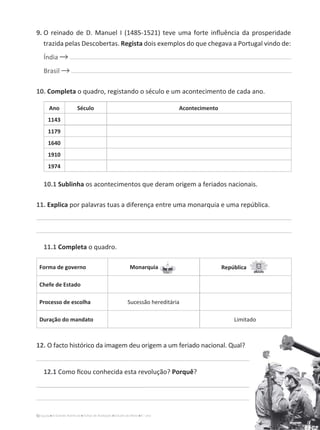7
A Grande Aventura Fichas de Avaliação Estudo do Meio 4.° ano
9.
KƌĞŝŶĂĚŽĚĞ͘DĂŶƵĞů/;ϭϰϴϱͲϭϱϮϭͿƚĞǀĞƵŵĂĨŽƌƚĞŝŶŇƵġŶĐŝĂĚĂƉƌŽƐƉĞƌŝĚĂĚĞ
trazida pelas Descobertas. Regista dois exemplos do que chegava a Portugal vindo de:
Índia
Brasil
10. Completa o quadro, registando o século e um acontecimento de cada ano.
Ano Século Acontecimento
1143
1179
1640
1910
1974
10.1 Sublinha os acontecimentos que deram origem a feriados nacionais.
11. Explica por palavras tuas a diferença entre uma monarquia e uma república.
11.1 Completa o quadro.
Forma de governo Monarquia República
Chefe de Estado
Processo de escolha Sucessão hereditária
Duração do mandato Limitado
12. O facto histórico da imagem deu origem a um feriado nacional. Qual?
12.1 ŽŵŽĮĐŽƵĐŽŶŚĞĐŝĚĂĞƐƚĂƌĞǀŽůƵĕĆŽ͍Porquê?
 