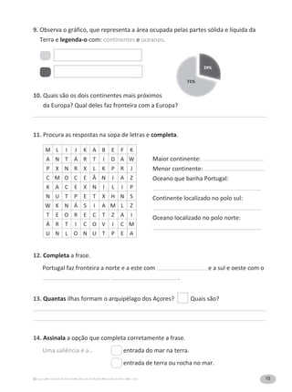 15A Grande Aventura Fichas de Avaliação Estudo do Meio 4.° ano
9. Observa o gráfico, que representa a área ocupada pelas partes sólida e líquida da
Terra e legenda-o com: continentes e oceanos.
10. Quais são os dois continentes mais próximos
da Europa? Qual deles faz fronteira com a Europa?
11. Procura as respostas na sopa de letras e completa.
M L I J K A B E F K
A N T Á R T I D A W
P N R L K P R J
C M O C E Â N I A Z
K A C E N I L I P
N U T P E T H N S
W K N Á S I A M L Z
T E O R E C T Z A I
Á R T I C O V I C M
U N L O N U T P E A
12. Completa a frase.
Portugal faz fronteira a norte e a este com e a sul e oeste com o
.
13. Quantas ilhas formam o arquipélago dos Açores? Quais são?
14. Assinala a opção que completa corretamente a frase.
Uma saliência é a… entrada do mar na terra.
entrada de terra ou rocha no mar.
29%
71%
Maior continente:
Menor continente:
Oceano que banha Portugal:
Continente localizado no polo sul:
Oceano localizado no polo norte:
 