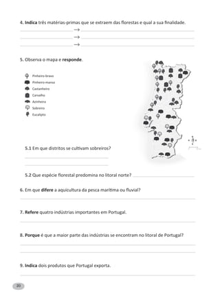 20
4. Indica
5. Observa o mapa e responde.
5.1
5.2 Que espécie florestal predomina no litoral norte?
6. Em que difere
7. Refere quatro indústrias importantes em Portugal.
8. Porque é que a maior parte das indústrias se encontram no litoral de Portugal?
9. Indica dois produtos que Portugal exporta.
Pinheiro-bravo
Pinheiro-manso
Castanheiro
Carvalho
Azinheira
Sobreiro
Eucalipto
N
S
EO
 