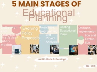 5 MAIN STAGES OF
Educational
Planning
EM-5OO
Statistical
Infor-
mation
Evolving
Policy
Proposals
and
Project
Analysis
Projections,
Programming
Collection
and
Analysis of
Costing
Educational
Plans
Decision,
Implementa-
tion and
Evalua-
tion
Judith Marie B. Domingo
 