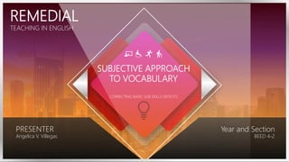 SUBJECTIVE APPROACH
TO VOCABULARY
CORRECTING BASIC SUB SKILLS DEFICITS
PRESENTER
Angelica V. Villegas
Year and Section
BEED 4-2
REMEDIAL
TEACHING IN ENGLISH
 