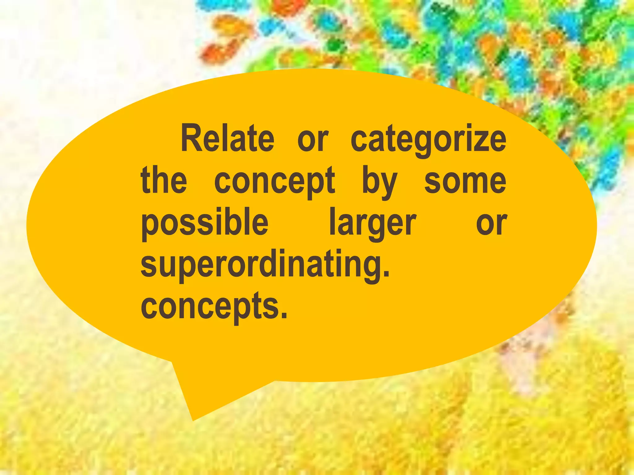 Relate or categorize
the concept by some
possible larger or
superordinating.
concepts.