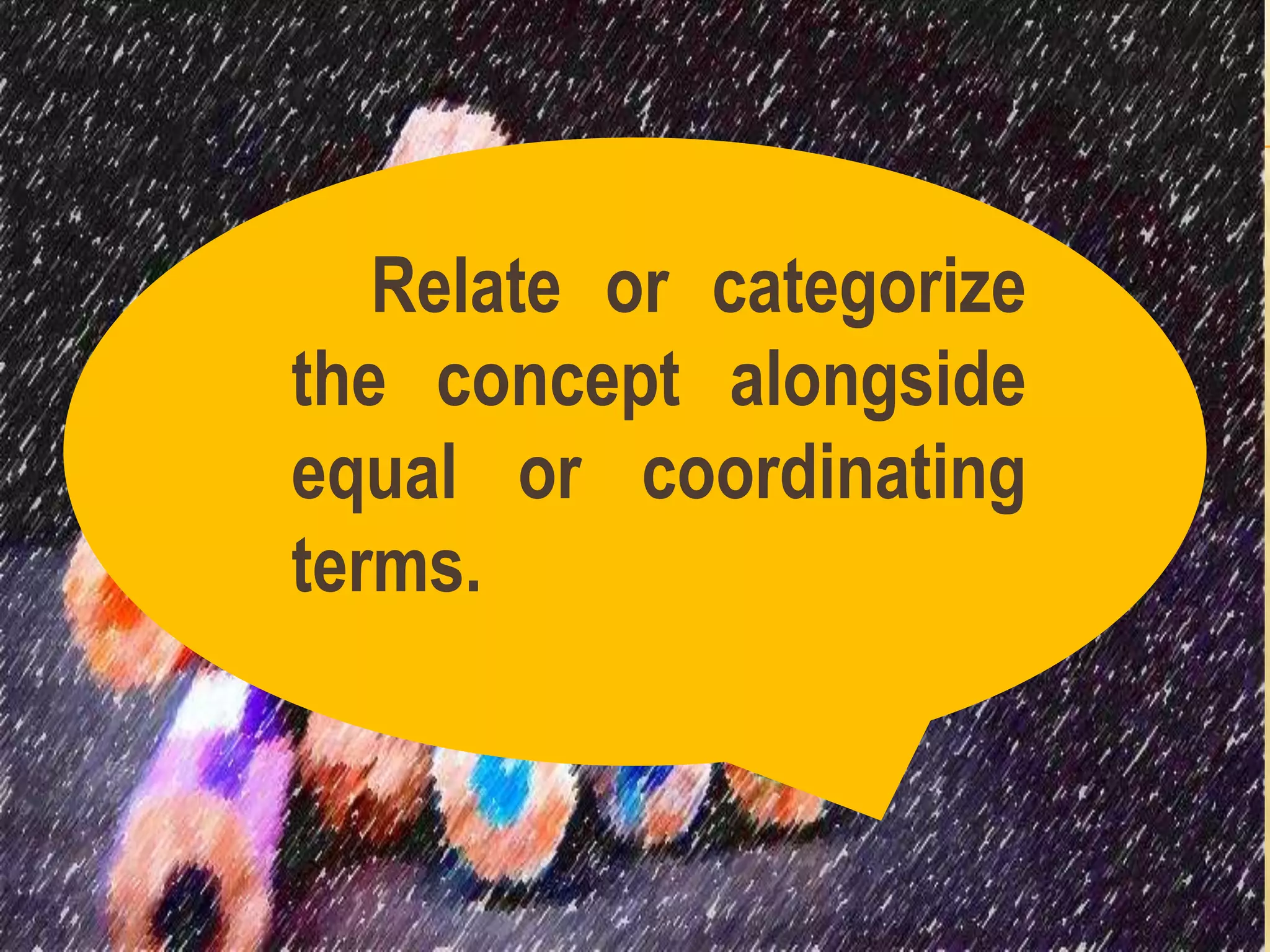 Relate or categorize
the concept alongside
equal or coordinating
terms.