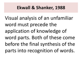 Ekwall & Shanker, 1988
Visual analysis of an unfamiliar
word must precede the
application of knowledge of
word parts. Both of these come
before the final synthesis of the
parts into recognition of words.
 