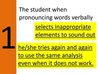 The student when
pronouncing words verbally
selects inappropriate
elements to sound out
he/she tries again and again
to use the same analysis
even when it does not work.
 