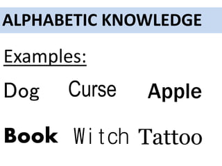 Examples:
Dog Apple
Book Witch
Curse
Tattoo
ALPHABETIC KNOWLEDGE
 