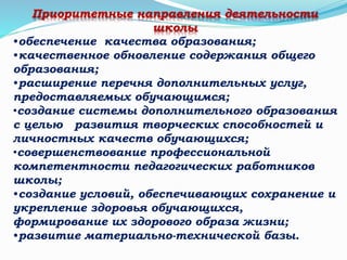 Приоритетные направления деятельности
школы
•обеспечение качества образования;
•качественное обновление содержания общего
образования;
•расширение перечня дополнительных услуг,
предоставляемых обучающимся;
•создание системы дополнительного образования
с целью развития творческих способностей и
личностных качеств обучающихся;
•совершенствование профессиональной
компетентности педагогических работников
школы;
•создание условий, обеспечивающих сохранение и
укрепление здоровья обучающихся,
формирование их здорового образа жизни;
•развитие материально-технической базы.
 