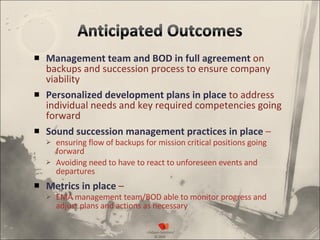 Management team and BOD in full agreement   on backups and succession process to ensure company viability Personalized development plans in place  to address individual needs and key required competencies going forward Sound succession management practices in place  –  ensuring flow of backups for mission critical positions going forward Avoiding need to have to react to unforeseen events and departures  Metrics in place  –  EMA management team/BOD able to monitor progress and adjust plans and actions as necessary 