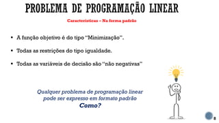 Características – Na forma padrão
8
 A função objetivo é do tipo “Minimização”.
 Todas as restrições do tipo igualdade.
 Todas as variáveis de decisão são “não negativas”
Qualquer problema de programação linear
pode ser expresso em formato padrão
Como?
 