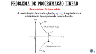 Características – Na forma padrão
9
A maximização de uma função f(x1,x2,...xn) é equivalente à
minimização do negativo da mesma função.
 