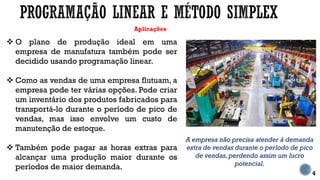 Aplicações
 O plano de produção ideal em uma
empresa de manufatura também pode ser
decidido usando programação linear.
 Como as vendas de uma empresa flutuam, a
empresa pode ter várias opções. Pode criar
um inventário dos produtos fabricados para
transportá-lo durante o período de pico de
vendas, mas isso envolve um custo de
manutenção de estoque.
 Também pode pagar as horas extras para
alcançar uma produção maior durante os
períodos de maior demanda.
4
A empresa não precisa atender à demanda
extra de vendas durante o período de pico
de vendas,perdendo assim um lucro
potencial.
 