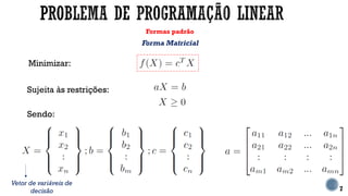 Formas padrão
Minimizar:
7
Forma Matricial
Sujeita às restrições:
Sendo:
Vetor de variáveis de
decisão
 