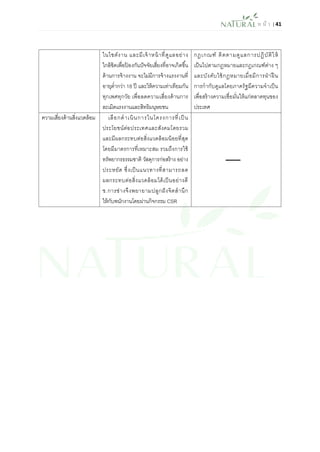 ห น้า | 41 
ในไซต์งาน และมีเจ้าหน้าที่ดูแลอย่าง ใกล้ชิดเพื่อป้องกันปัจจัยเสี่ยงที่อาจเกิดขึ้น ด้านการจ้างงาน จะไม่มีการจ้างแรงงานที่ อายุต่ากว่า 18 ปี และให้ความเท่าเทียมกัน ทุกเพศทุกวัย เพื่อลดความเสี่ยงด้านการ ละเมิดแรงงานและสิทธิมนุษยชน 
กฎเกณฑ์ ติดตามดูแลการปฏิบัติให้ เป็นไปตามกฎหมายและกฎเกณฑ์ต่าง ๆ และบังคับใช้กฎหมายเมื่อมีการฝ่าฝืน การกากับดูแลโดยภาครัฐมีความจาเป็น เพื่อสร้างความเชื่อมั่นให้แก่ตลาดทุนของ ประเทศ 
ความเสี่ยงด้านสิ่งแวดล้อม 
เลือกดาเนินการในโครงการที่เป็น ประโยชน์ต่อประเทศและสังคมโดยรวม และมีผลกระทบต่อสิ่งแวดล้อมน้อยที่สุด โดยมีมาตรการที่เหมาะสม รวมถึงการใช้ ทรัพยากรธรรมชาติ วัสดุการก่อสร้าง อย่าง ประหยัด ซึ่งเป็นแนวทางที่สามารถลด ผลกระทบต่อสิ่งแวดล้อมได้เป็นอย่างดี ช.การช่างจึงพยายามปลูกฝังจิตสานึก ให้กับพนักงานโดยผ่านกิจกรรม CSR 
 