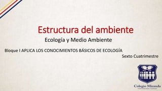 Estructura del ambiente
Ecología y Medio Ambiente
Bloque I APLICA LOS CONOCIMIENTOS BÁSICOS DE ECOLOGÍA
Sexto Cuatrimestre
 