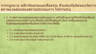 จากกฎหมาย หลักจริยธรรมและศีลธรรม ที่จะตอ้งรับผิดชอบจัดการ 
สภาพแวดลอ้มของสถานประกอบการ ใหท้่านระบุ 
 2. การสภาพแวดลอ้มของสถานประกอบการ แมไ้ม่มีกฎหมายที่บังคับโดยชัดเจน 
แต่ผูป้ระกอบการมีความจาเป็นอย่างยงิ่ทจี่ะตอ้งดาเนินการเพอื่แสดงความ 
รับผิดชอบต่อมลพิษหรืออันตรายทอี่าจจะเกดิขนึ้ 
 2.1 ประเด็นสภาพแวดลอ้มแบบใดบา้ง 
 2.2 การดาเนินการจะตอ้งทาอย่างไร 
 2.3 ส่งผลกระทบต่อ สินทรัพย์ หนี้สิน ทุน รายได้ตน้ทุน ค่าใชจ้่าย ขององค์การอย่างไร 
 2.4 การดาเนินการทางบัญชี จะตอ้งทาอย่างไร 
 