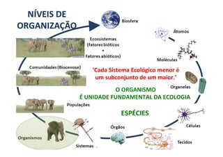 A	
  ECOLOGIA	
  
	
  
	
  O	
  ORGANISMO	
  
É	
  UNIDADE	
  FUNDAMENTAL	
  DA	
  ECOLOGIA	
  
	
  
ESPÉCIES	
  
‘Cada	
  Sistema	
  Ecológico	
  menor	
  é	
  
um	
  subconjunto	
  de	
  um	
  maior.’	
  
 