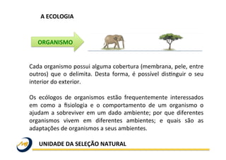 A	
  ECOLOGIA	
  
Cada	
  organismo	
  possui	
  alguma	
  cobertura	
  (membrana,	
  pele,	
  entre	
  
outros)	
   que	
   o	
   delimita.	
   Desta	
   forma,	
   é	
   possível	
   disWnguir	
   o	
   seu	
  
interior	
  do	
  exterior.	
  	
  
	
  
Os	
   ecólogos	
   de	
   organismos	
   estão	
   frequentemente	
   interessados	
  
em	
   como	
   a	
   ﬁsiologia	
   e	
   o	
   comportamento	
   de	
   um	
   organismo	
   o	
  
ajudam	
  a	
  sobreviver	
  em	
  um	
  dado	
  ambiente;	
  por	
  que	
  diferentes	
  
organismos	
   vivem	
   em	
   diferentes	
   ambientes;	
   e	
   quais	
   são	
   as	
  
adaptações	
  de	
  organismos	
  a	
  seus	
  ambientes.	
  
	
  
	
  UNIDADE	
  DA	
  SELEÇÃO	
  NATURAL	
  
ORGANISMO	
  
 