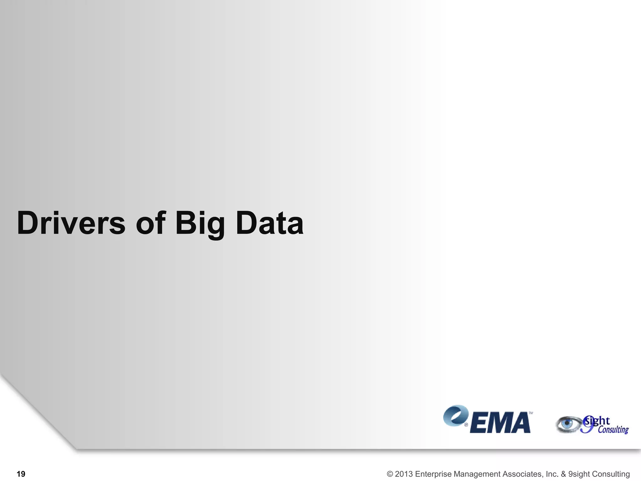 Drivers of Big Data
19 © 2013 Enterprise Management Associates, Inc. & 9sight Consulting
 